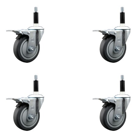 Service Caster 4'' Thermoplastic Rubber Swivel 7/8'' Expanding Stem Caster Set Total Lock Brake, 4PK SCC-EXTTL20S414-TPRB-78-4